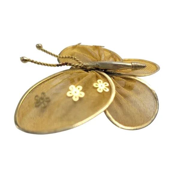Vintage Gold Mesh Butterfly Brooch Pin With Floral Detail - Picture 5 of 7